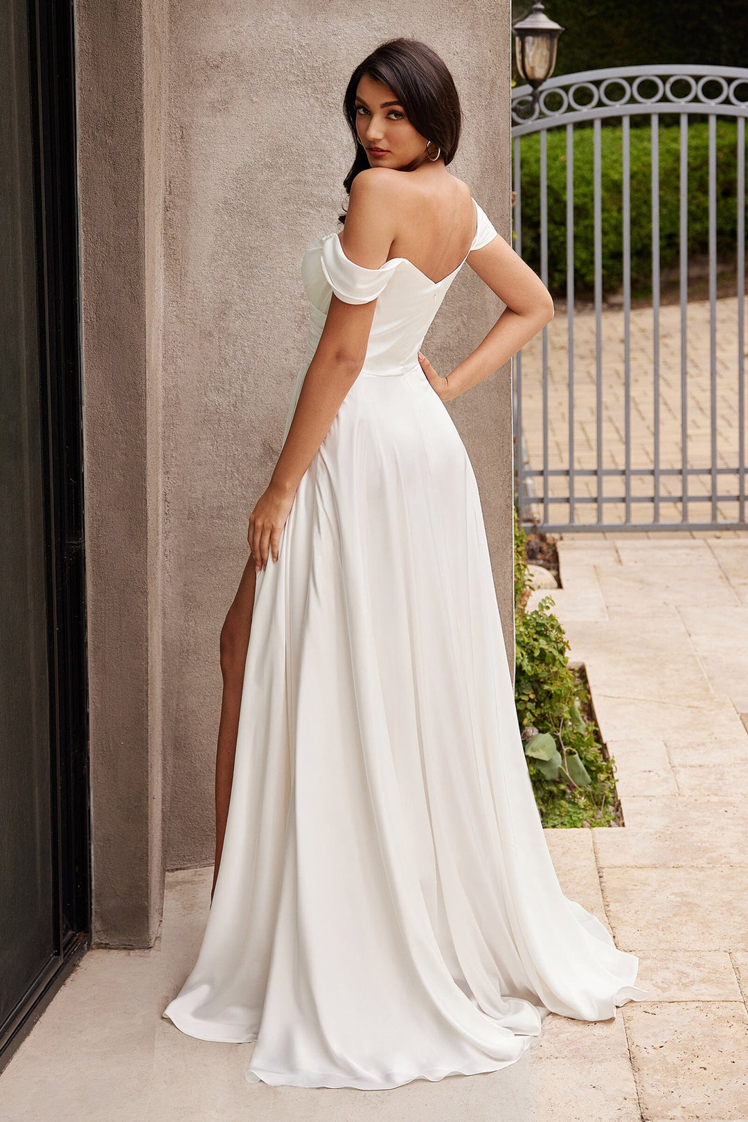 White Curve Off Shoulder A-line Satin Gown by Ladivine 7493WC