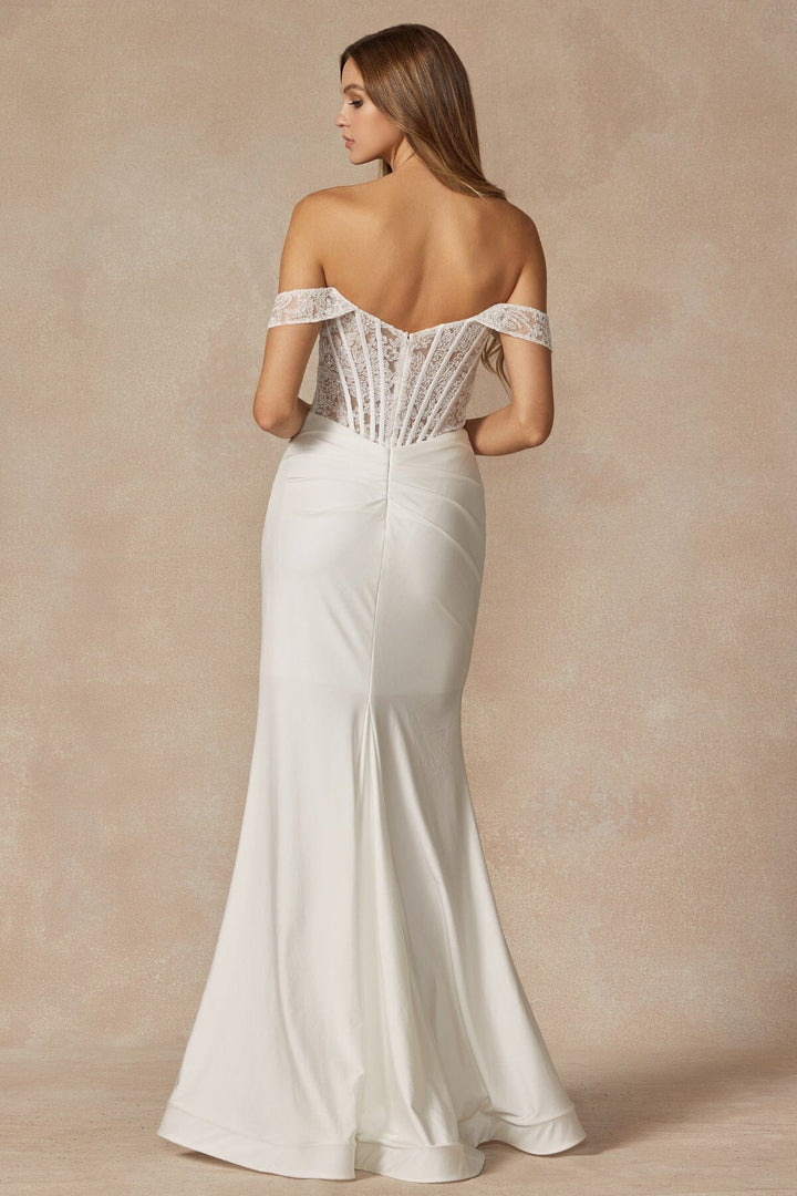 White Embroidered Off Shoulder Corset Gown by Juliet 2407W