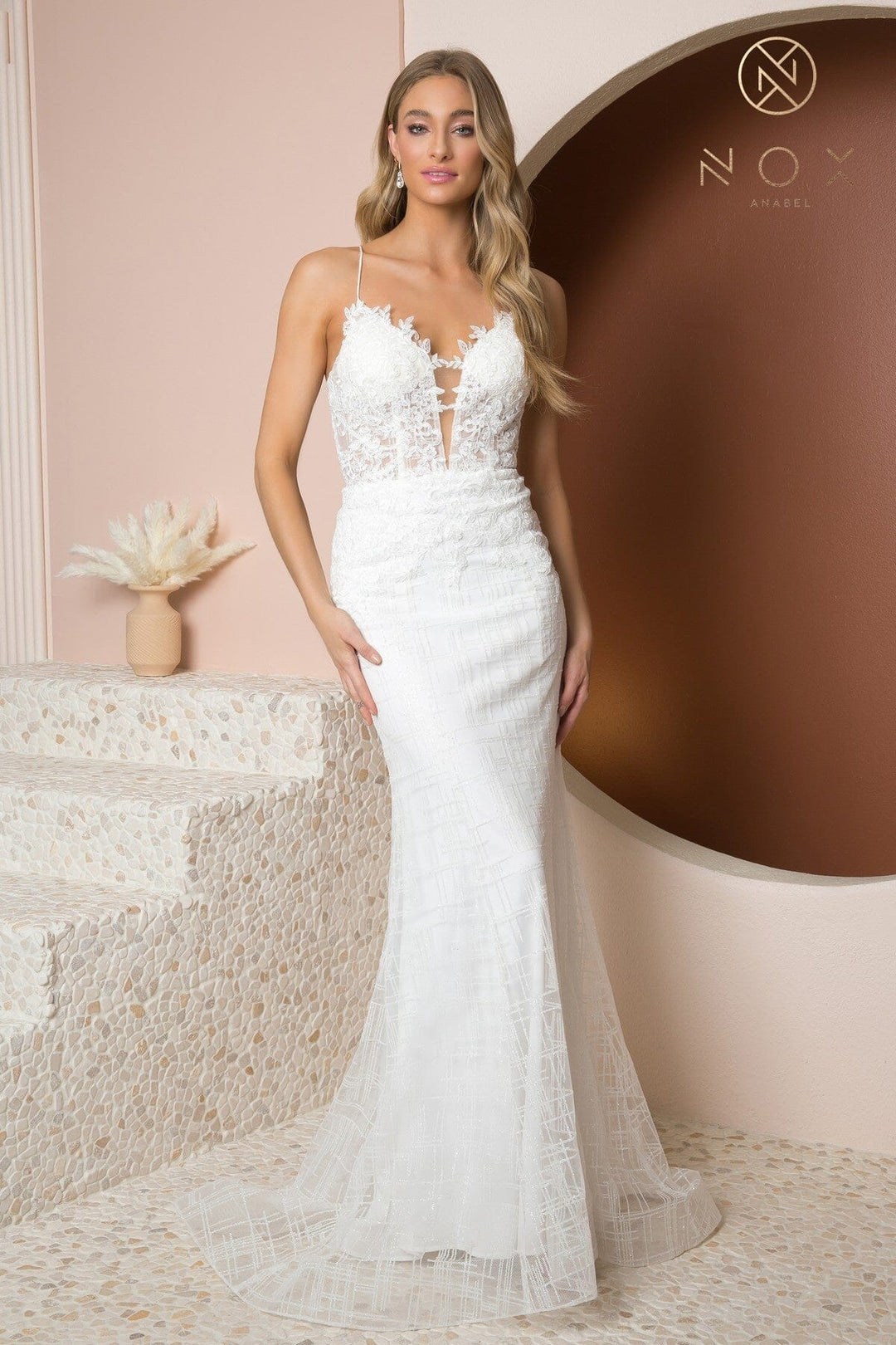 White Fitted Glitter Print Mermaid Dress by Nox Anabel R282-1W