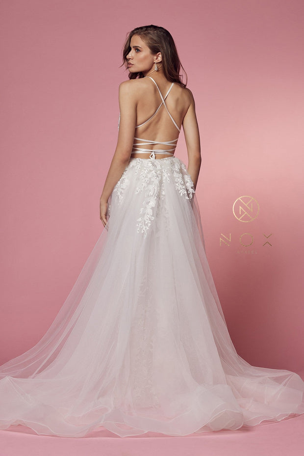 White Fitted Lace Overskirt Gown by Nox Anabel F485W