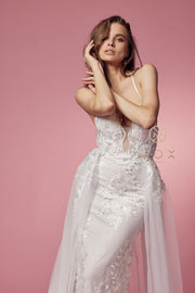 White Fitted Lace Overskirt Gown by Nox Anabel F485W