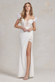 White Fitted Off Shoulder Feather Gown by Nox Anabel S1229W