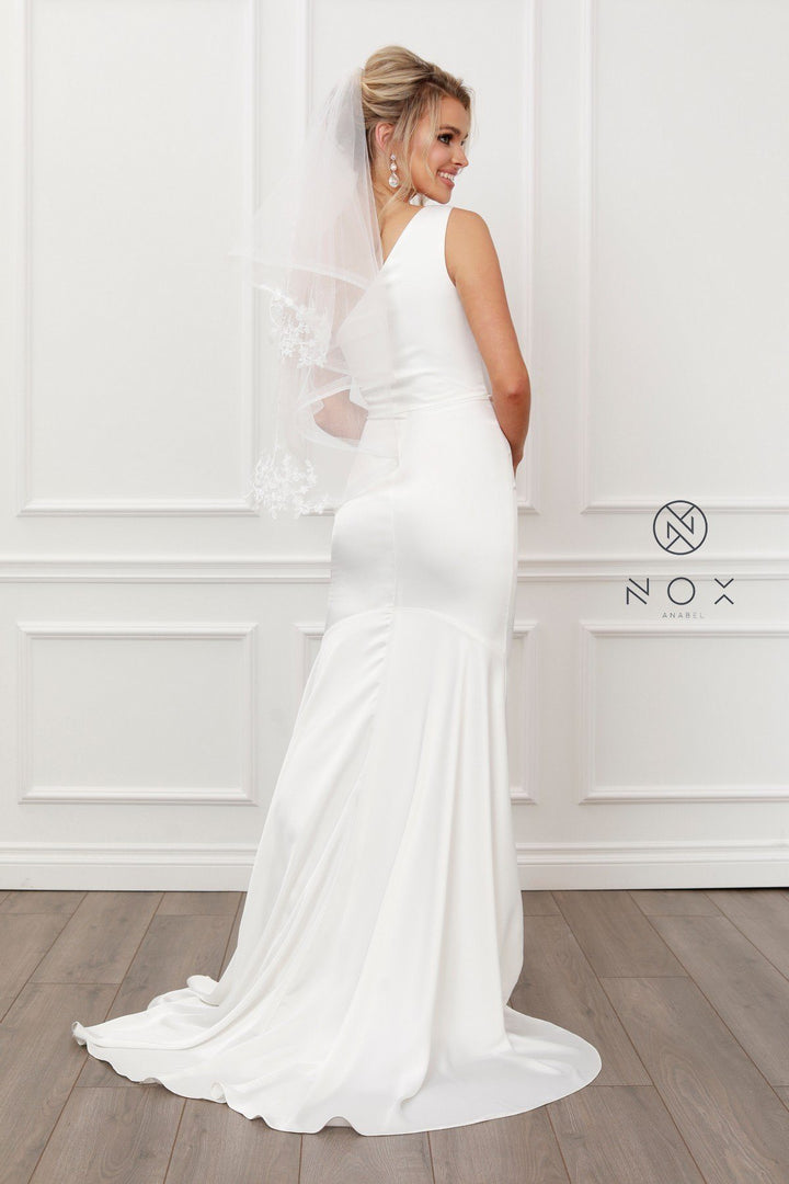 White Fitted One Shoulder Gown by Nox Anabel E483