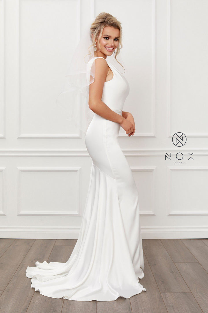 White Fitted One Shoulder Gown by Nox Anabel E483