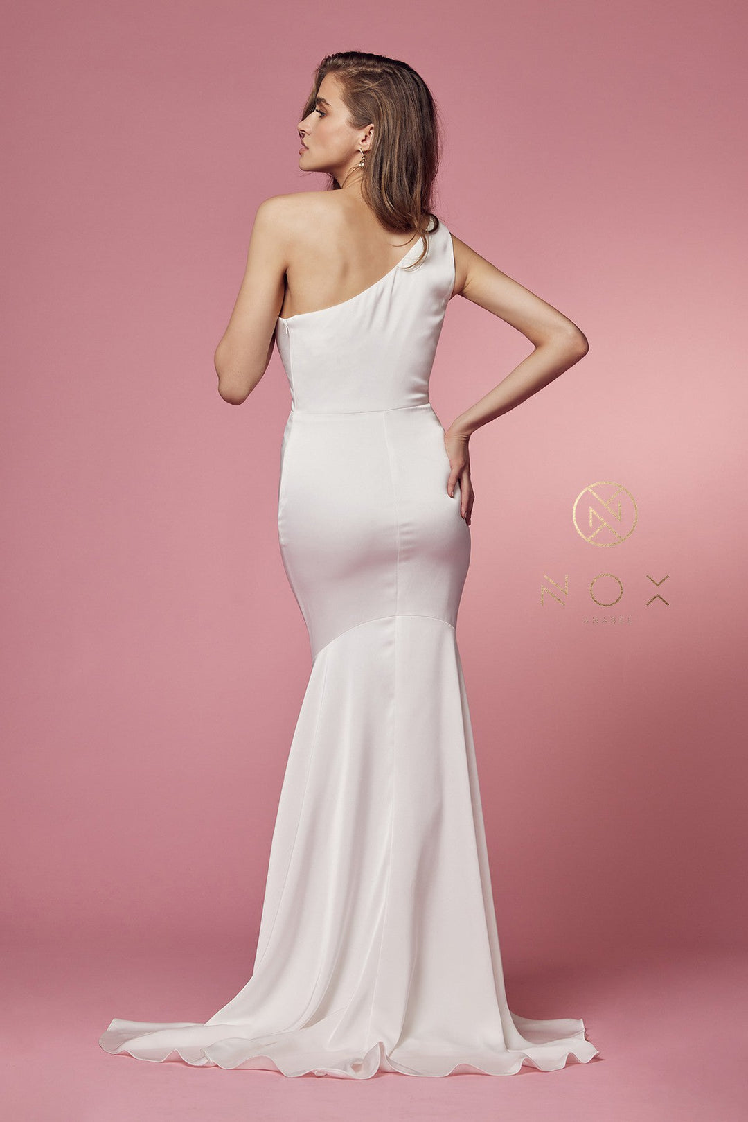 White Fitted One Shoulder Gown by Nox Anabel E483