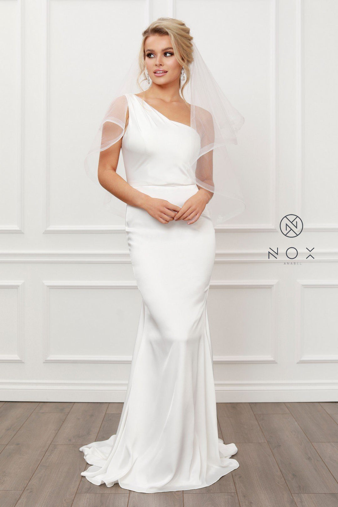 White Fitted One Shoulder Gown by Nox Anabel E483