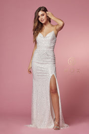White Fitted Sequin Slit Gown by Nox Anabel R1031W