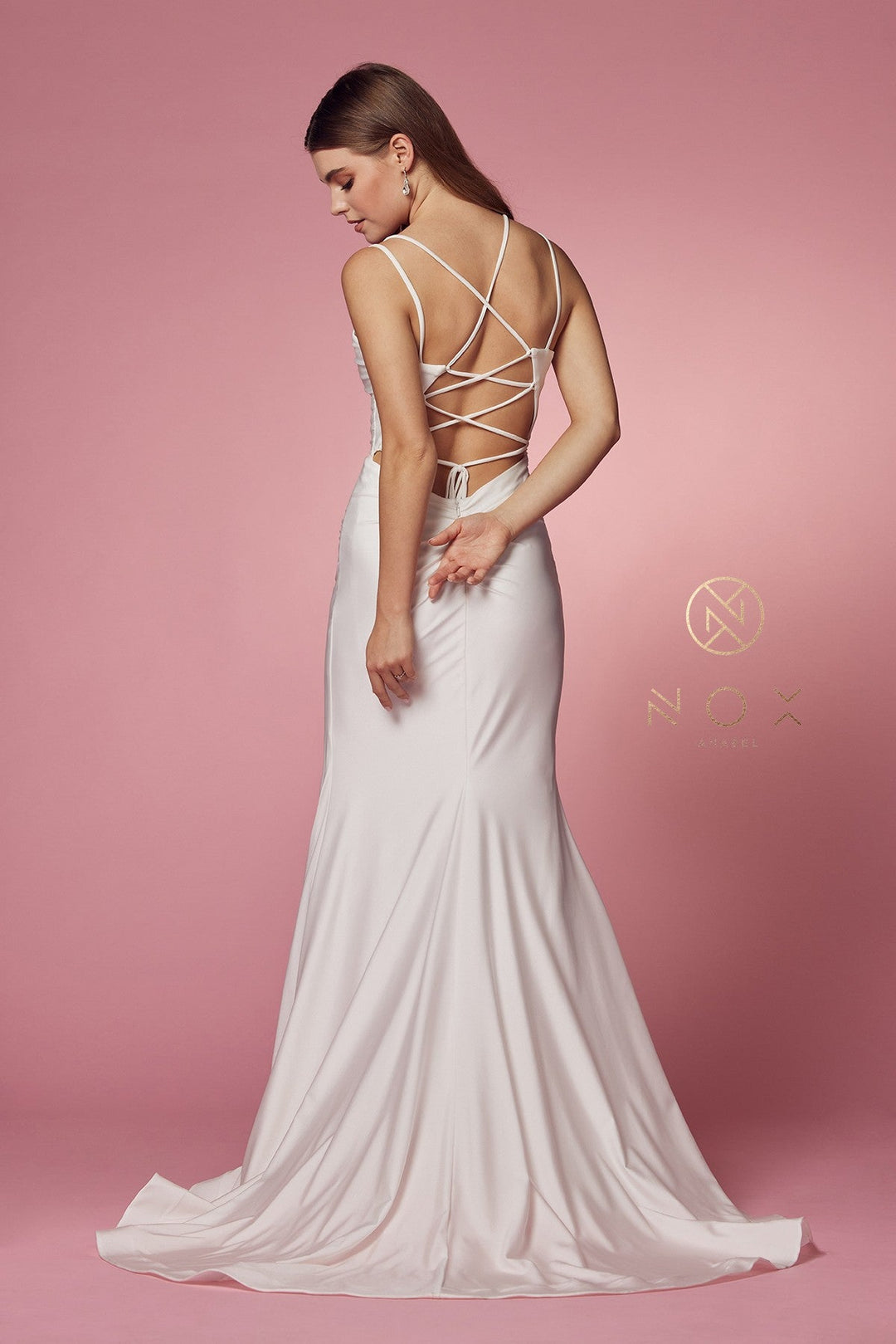 White Fitted Strappy Back Slit Gown by Nox Anabel T481W