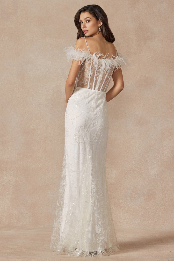 White Glitter Print Off Shoulder Feather Gown by Juliet 2402W