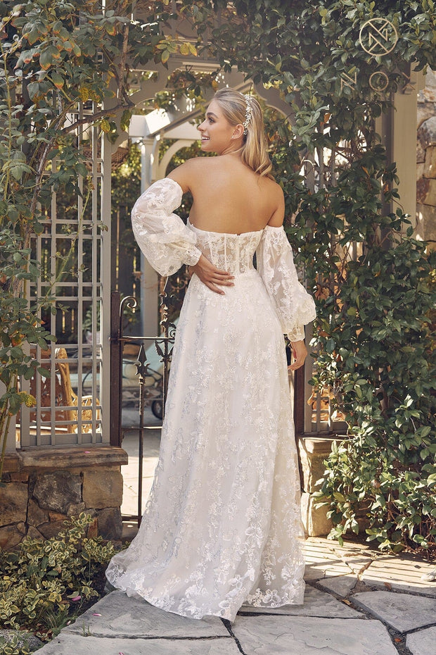 White Glitter Print Puff Sleeve Gown by Nox Anabel K1155W