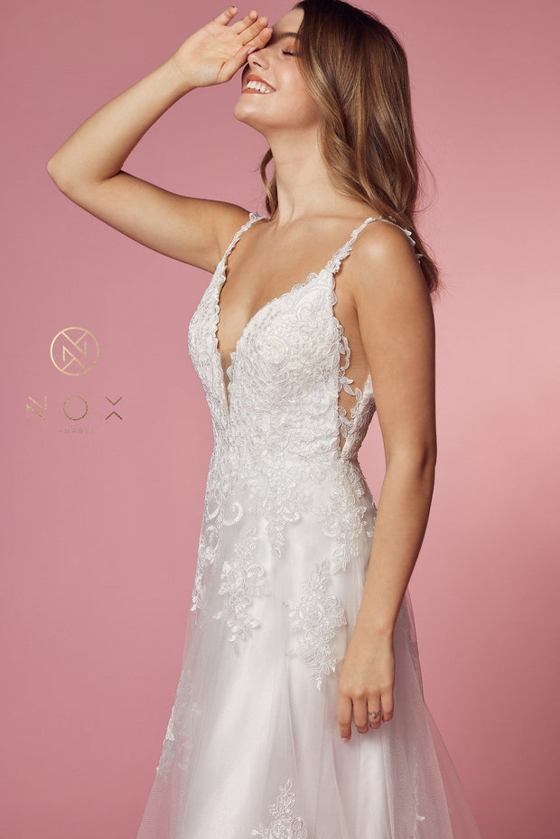 White Lace Applique V-Neck Gown by Nox Anabel C461
