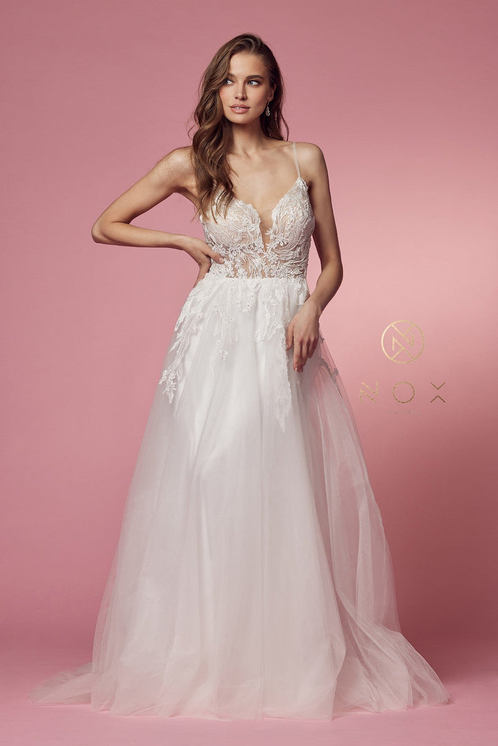White Lace Bodice Tulle Gown by Nox Anabel E442
