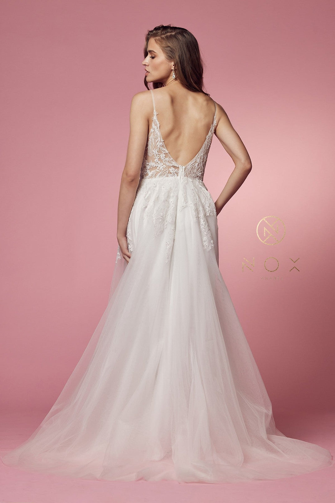 White Lace Bodice Tulle Gown by Nox Anabel E442