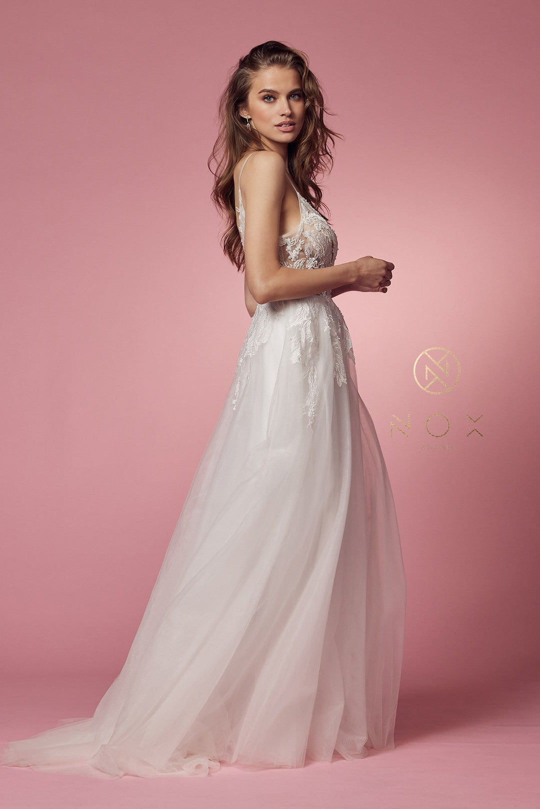 White Lace Bodice Tulle Gown by Nox Anabel E442