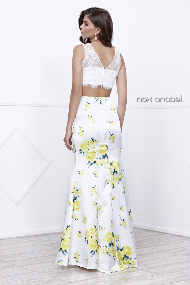 White Lace Crop Top Dress with Yellow Floral Print by Nox Anabel 8208-Long Formal Dresses-ABC Fashion