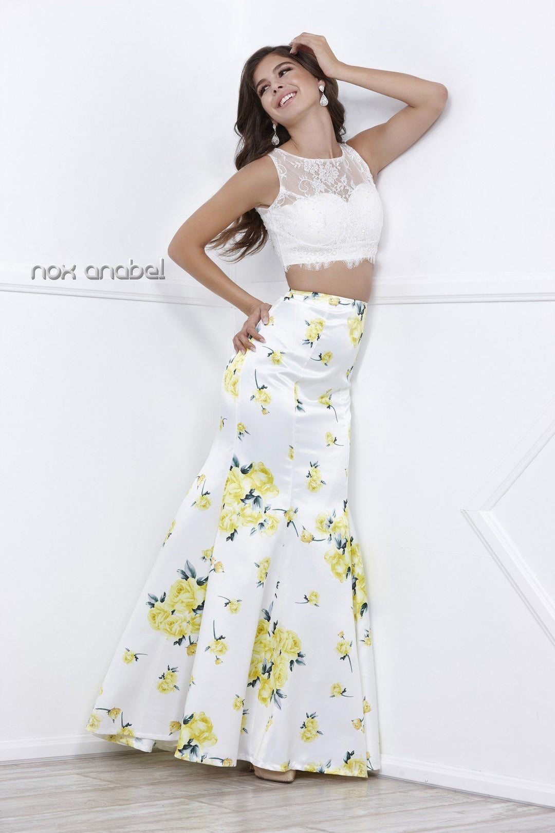 White Lace Crop Top Dress with Yellow Floral Print by Nox Anabel 8208-Long Formal Dresses-ABC Fashion