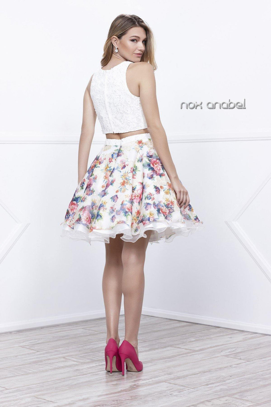 White Lace Crop Top Floral Print Short Dress by Nox Anabel 6255-Short Cocktail Dresses-ABC Fashion