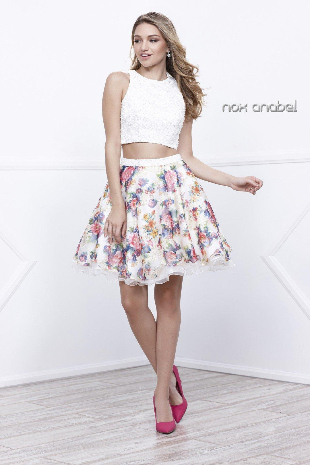 White Lace Crop Top Floral Print Short Dress by Nox Anabel 6255-Short Cocktail Dresses-ABC Fashion