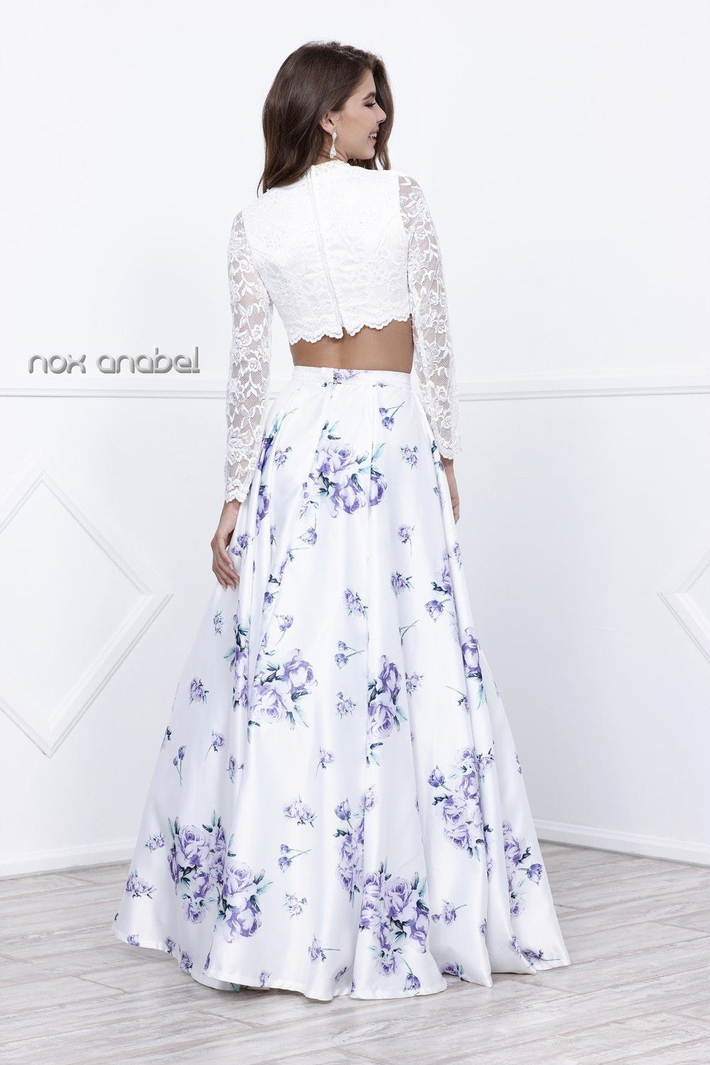 White Lace Crop Top Purple Floral Print Dress by Nox Anabel 8207-Long Formal Dresses-ABC Fashion