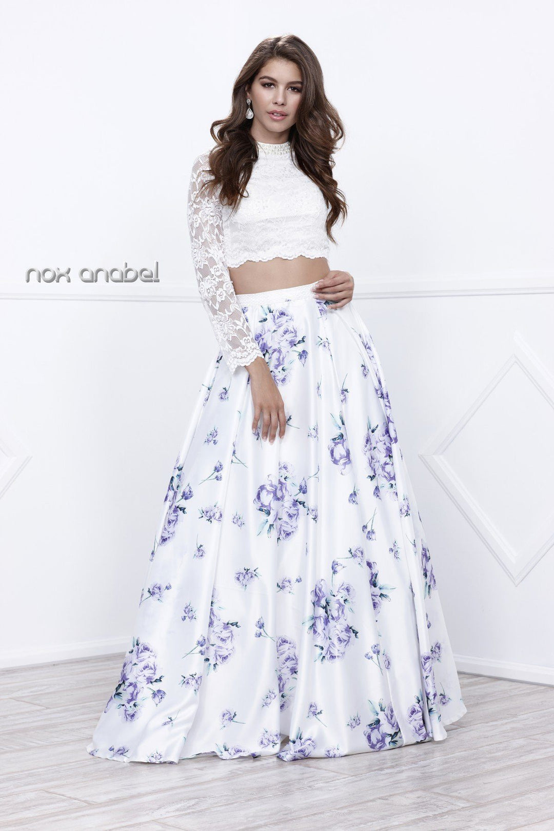 White Lace Crop Top Purple Floral Print Dress by Nox Anabel 8207-Long Formal Dresses-ABC Fashion