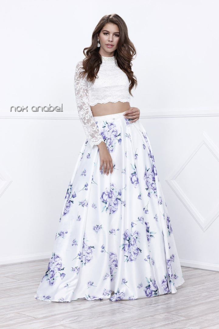 White Lace Crop Top Purple Floral Print Dress by Nox Anabel 8207-Long Formal Dresses-ABC Fashion