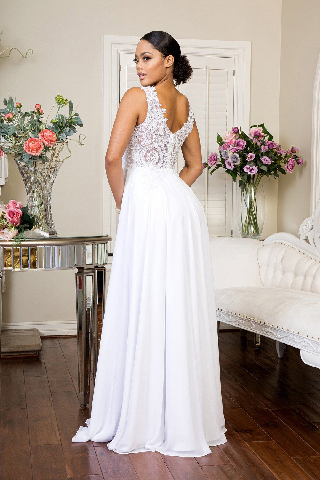 White Long Applique V-Neck Dress by Elizabeth K GL2311