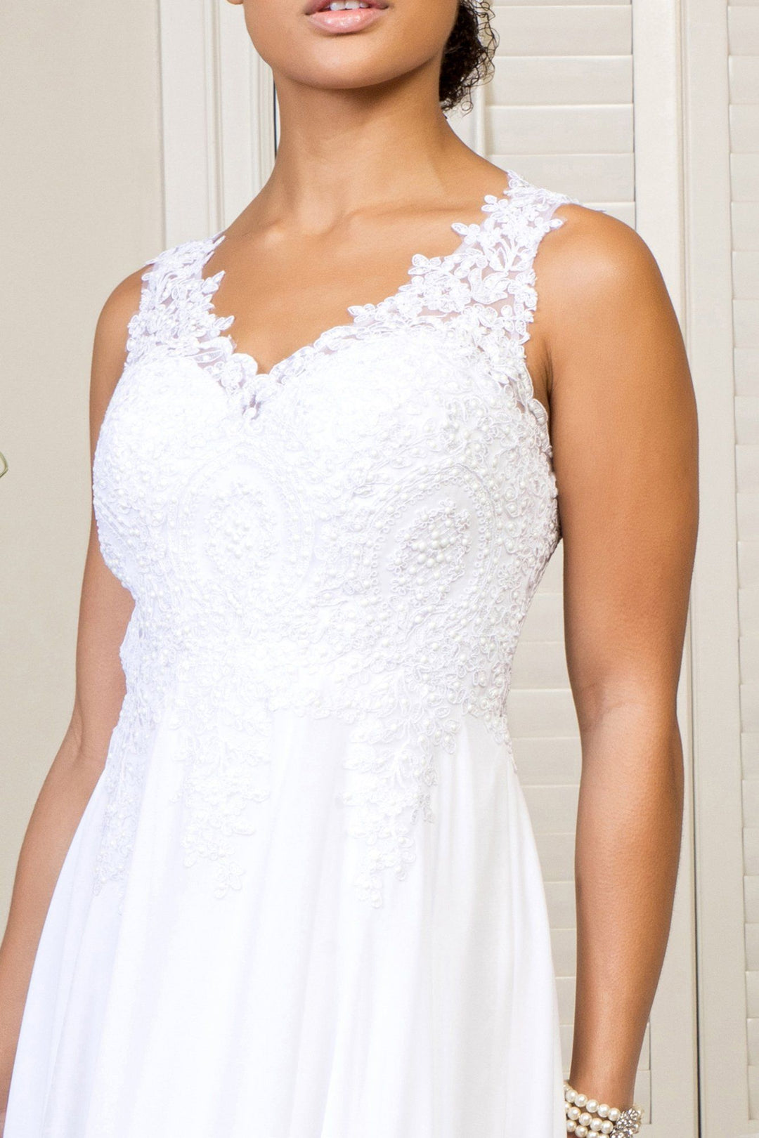 White Long Applique V-Neck Dress by Elizabeth K GL2311