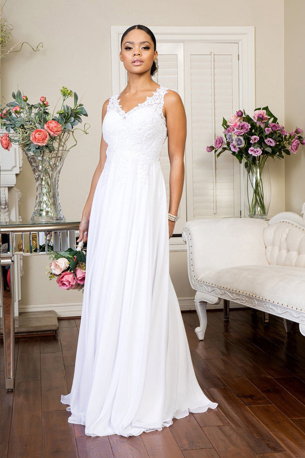 White Long Applique V-Neck Dress by Elizabeth K GL2311