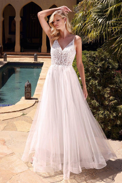 White Long Lace Bodice Dress by Cinderella Divine KC897W - Outlet