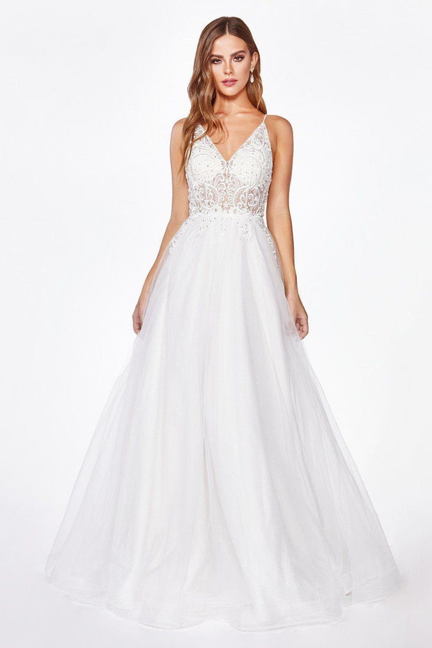 White Long Lace Bodice Dress by Cinderella Divine KC897W - Outlet