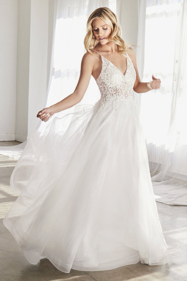 White Long Lace Bodice Dress by Cinderella Divine KC897W - Outlet