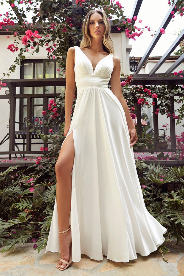 White Long Satin V-Neck Dress by Cinderella Divine 7469W