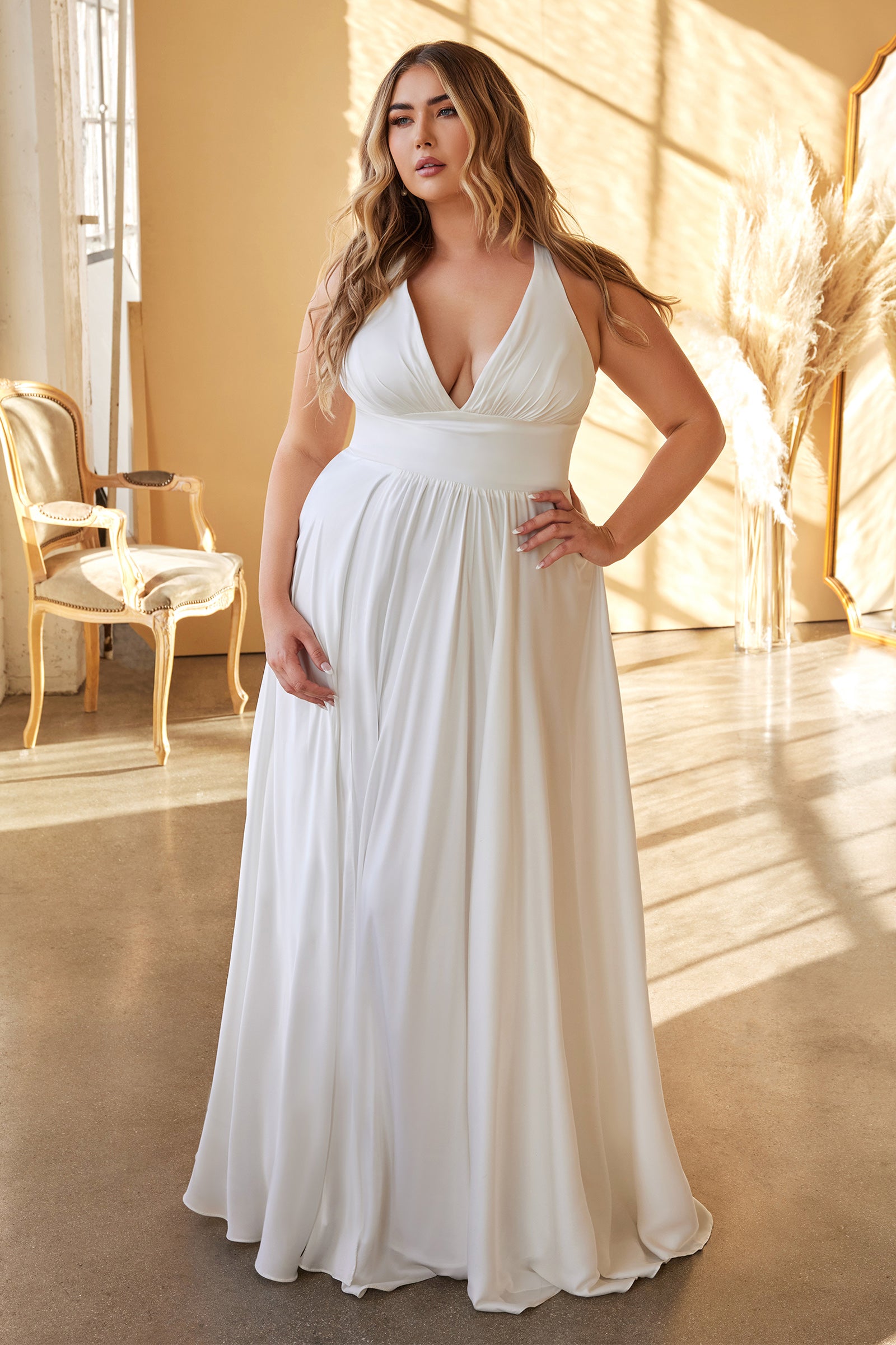 White Long Satin V-Neck Dress by Cinderella Divine 7469W – ABC Fashion