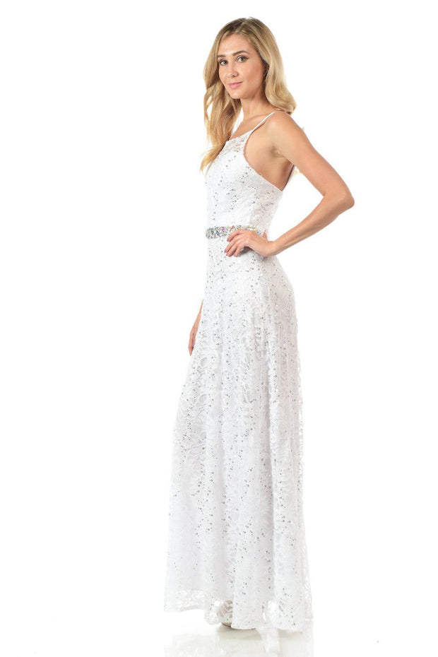 White Long Sequined Lace Dress with Lace Caplet-Long Formal Dresses-ABC Fashion