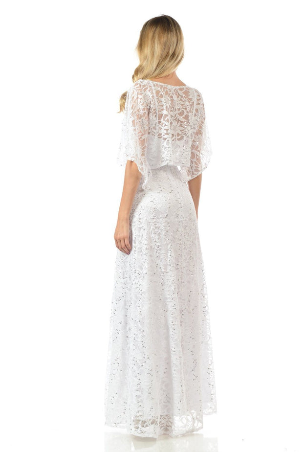 White Long Sequined Lace Dress with Lace Caplet-Long Formal Dresses-ABC Fashion