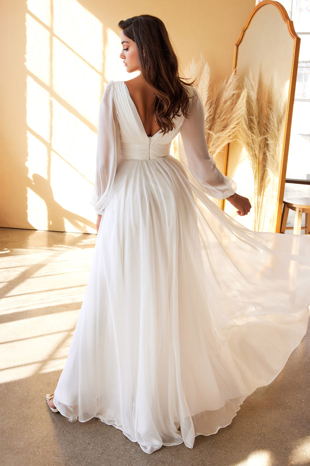 White Long Sleeve Chiffon Gown by Cinderella Divine CD0192W