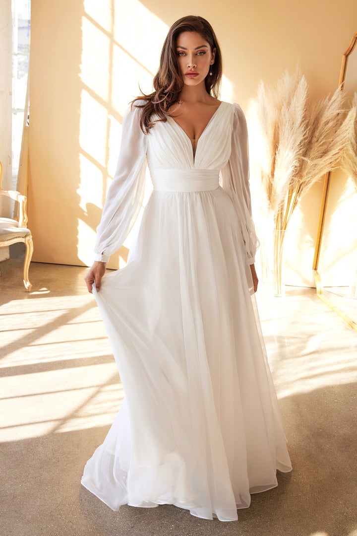 White Long Sleeve Chiffon Gown by Cinderella Divine CD0192W - Outlet