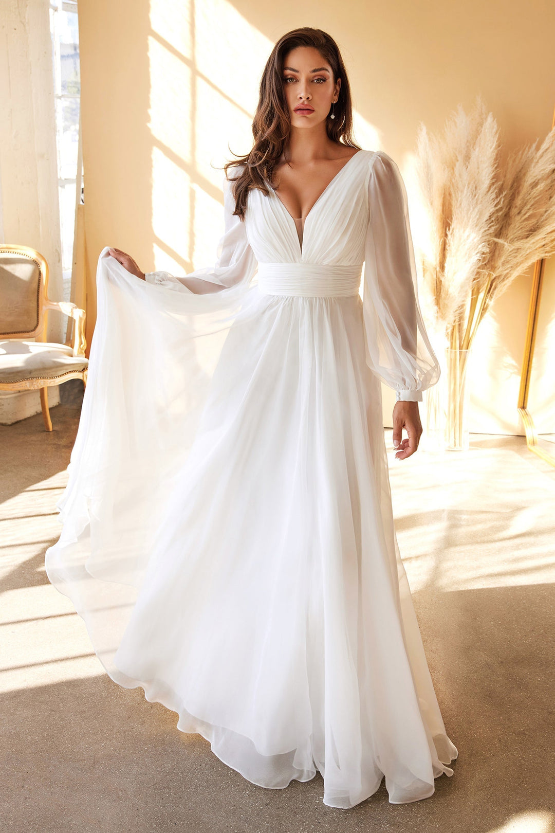 White Long Sleeve Chiffon Gown by Cinderella Divine CD0192W - Outlet