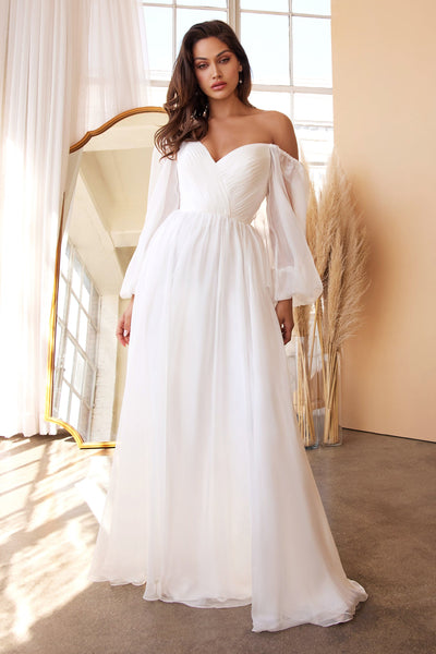 White Long Sleeve Chiffon Gown by Cinderella Divine CD243W