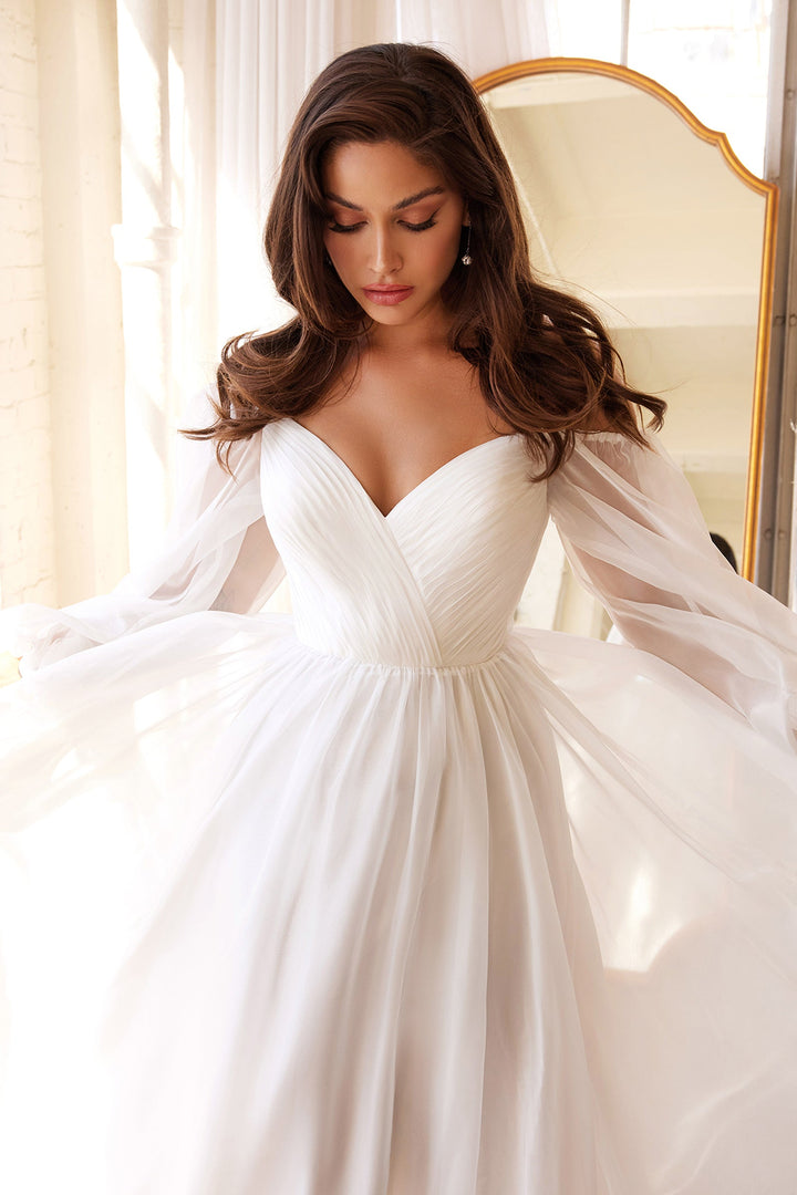 White Long Sleeve Chiffon Gown by Cinderella Divine CD243W
