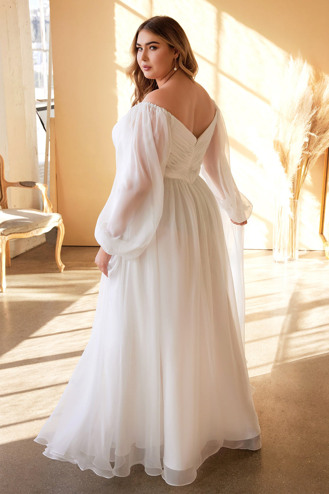 White Long Sleeve Chiffon Gown by Cinderella Divine CD243W