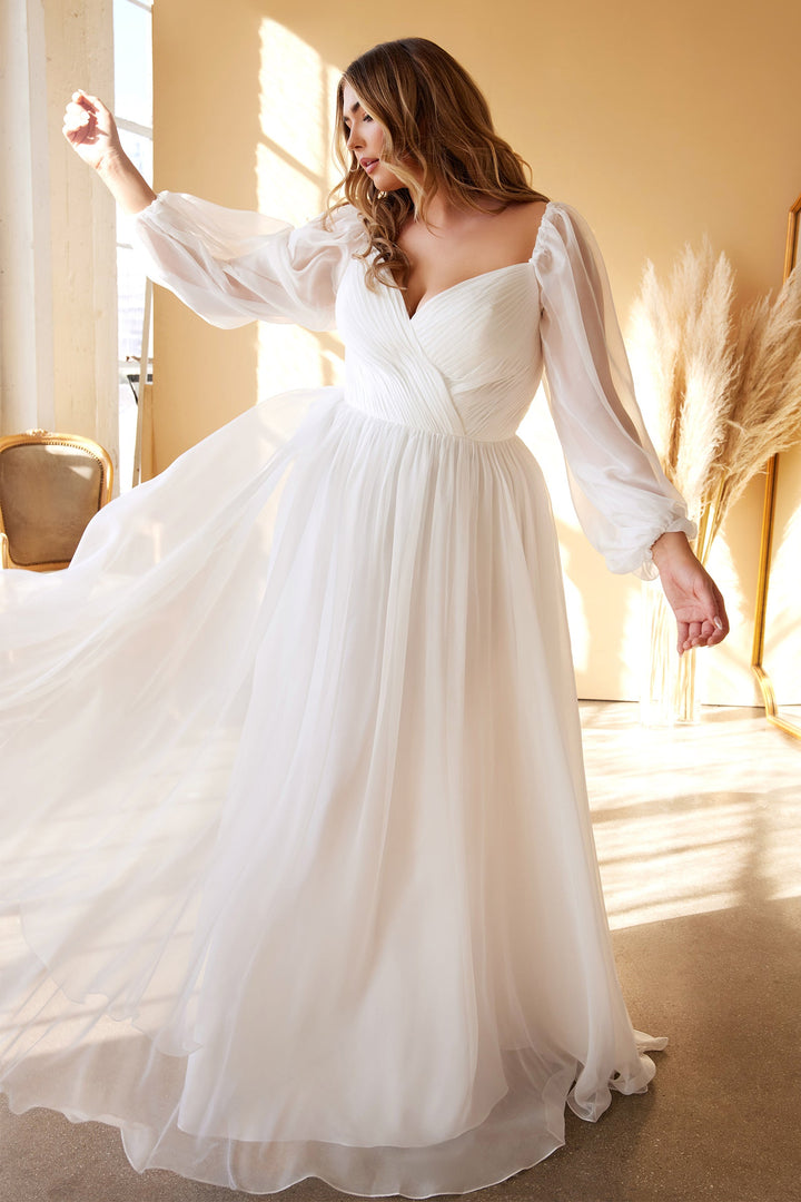 White Long Sleeve Chiffon Gown by Cinderella Divine CD243W