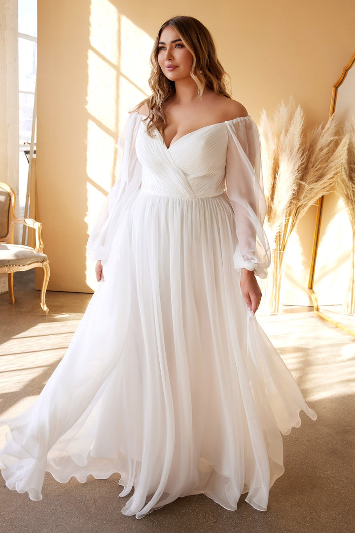 White Long Sleeve Chiffon Gown by Cinderella Divine CD243W