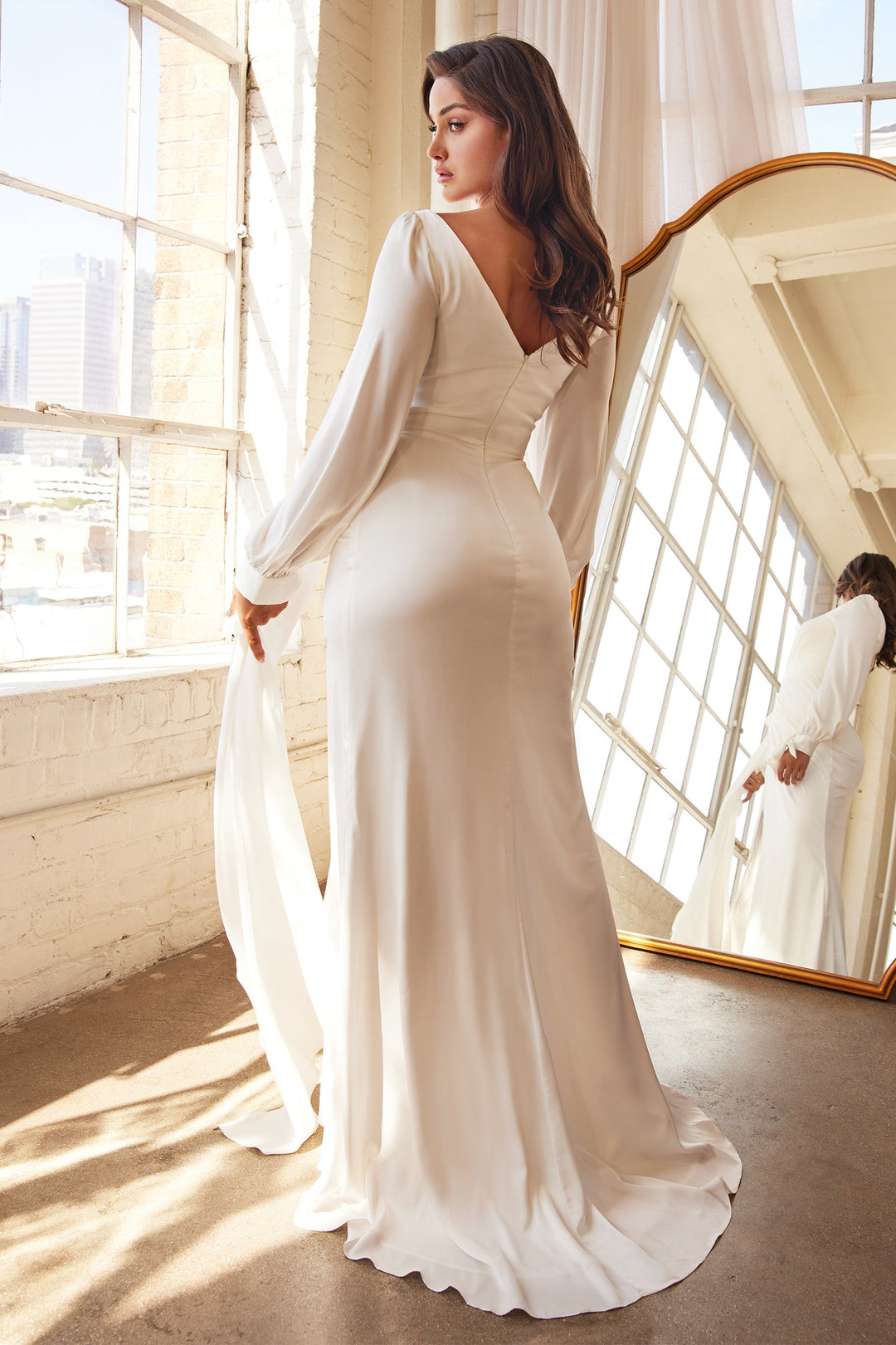 White Long Sleeve Satin Gown by Cinderella Divine 7478W