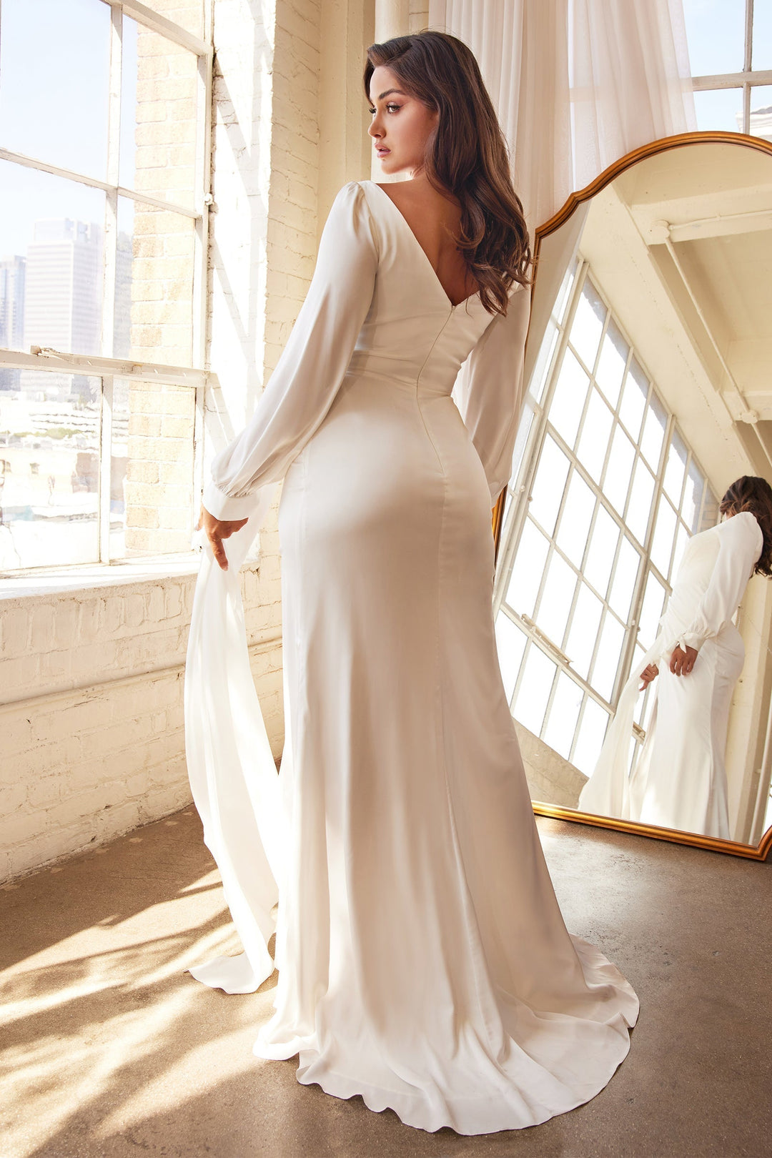 White Long Sleeve Satin Gown by Cinderella Divine 7478W - Outlet