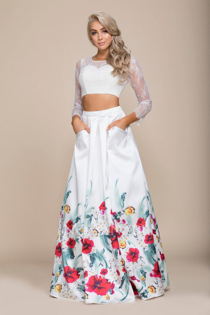 White Long Two-Piece Dress with Floral Print Skirt by Nox Anabel 8353-Long Formal Dresses-ABC Fashion
