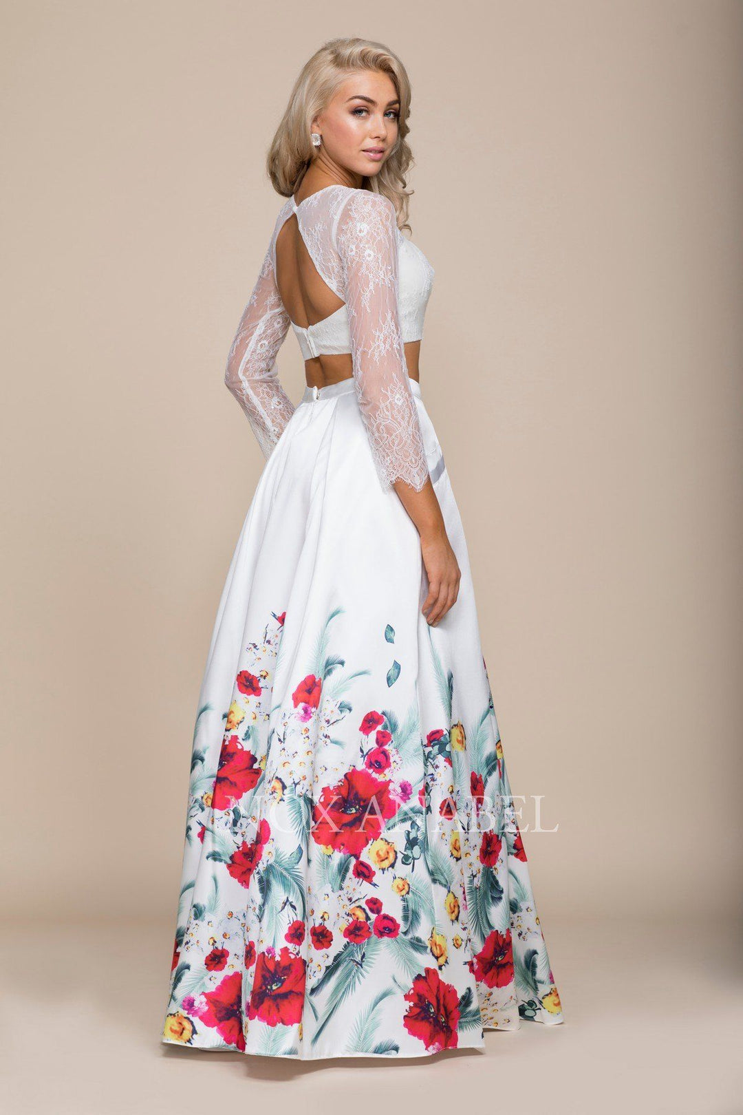 White Long Two-Piece Dress with Floral Print Skirt by Nox Anabel 8353-Long Formal Dresses-ABC Fashion
