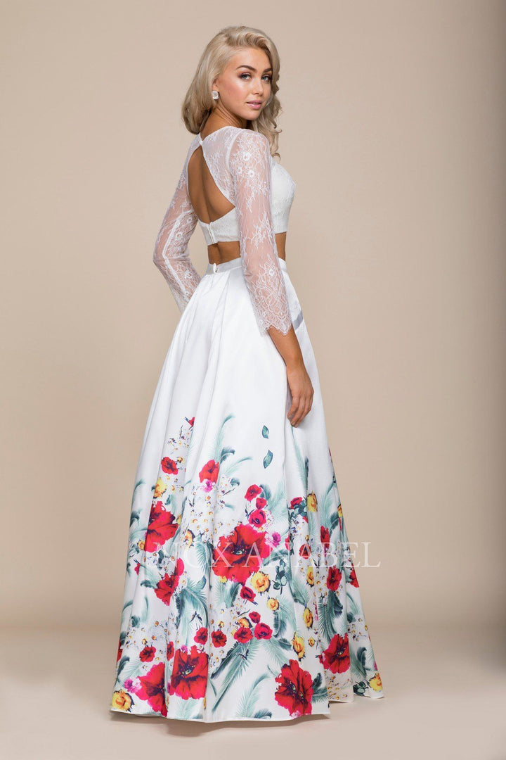 White Long Two-Piece Dress with Floral Print Skirt by Nox Anabel 8353-Long Formal Dresses-ABC Fashion