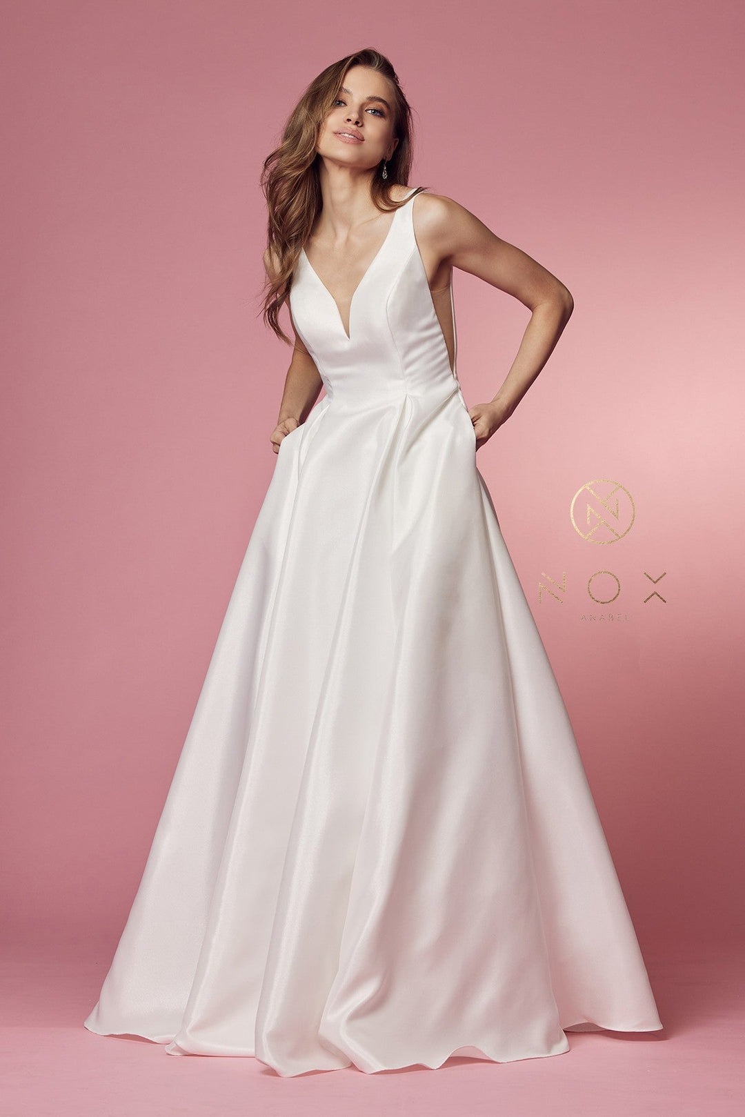 White Long V-Neck Taffeta Dress by Nox Anabel E156W