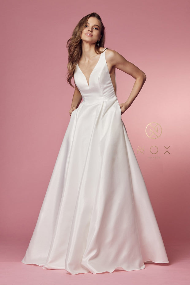 White Long V-Neck Taffeta Dress by Nox Anabel E156W